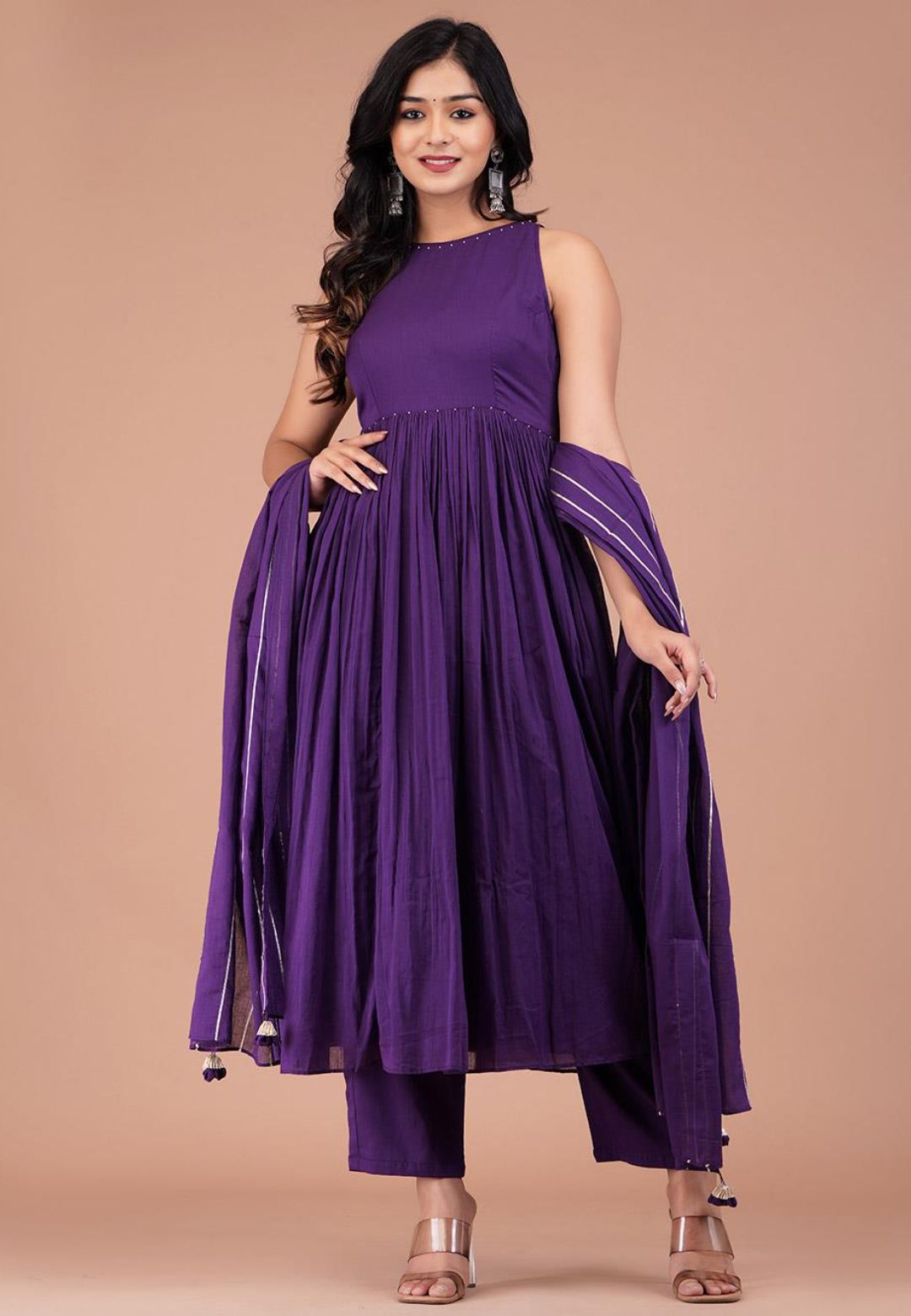 PURPLE HALTER NECK COTTON MUL SUIT SET