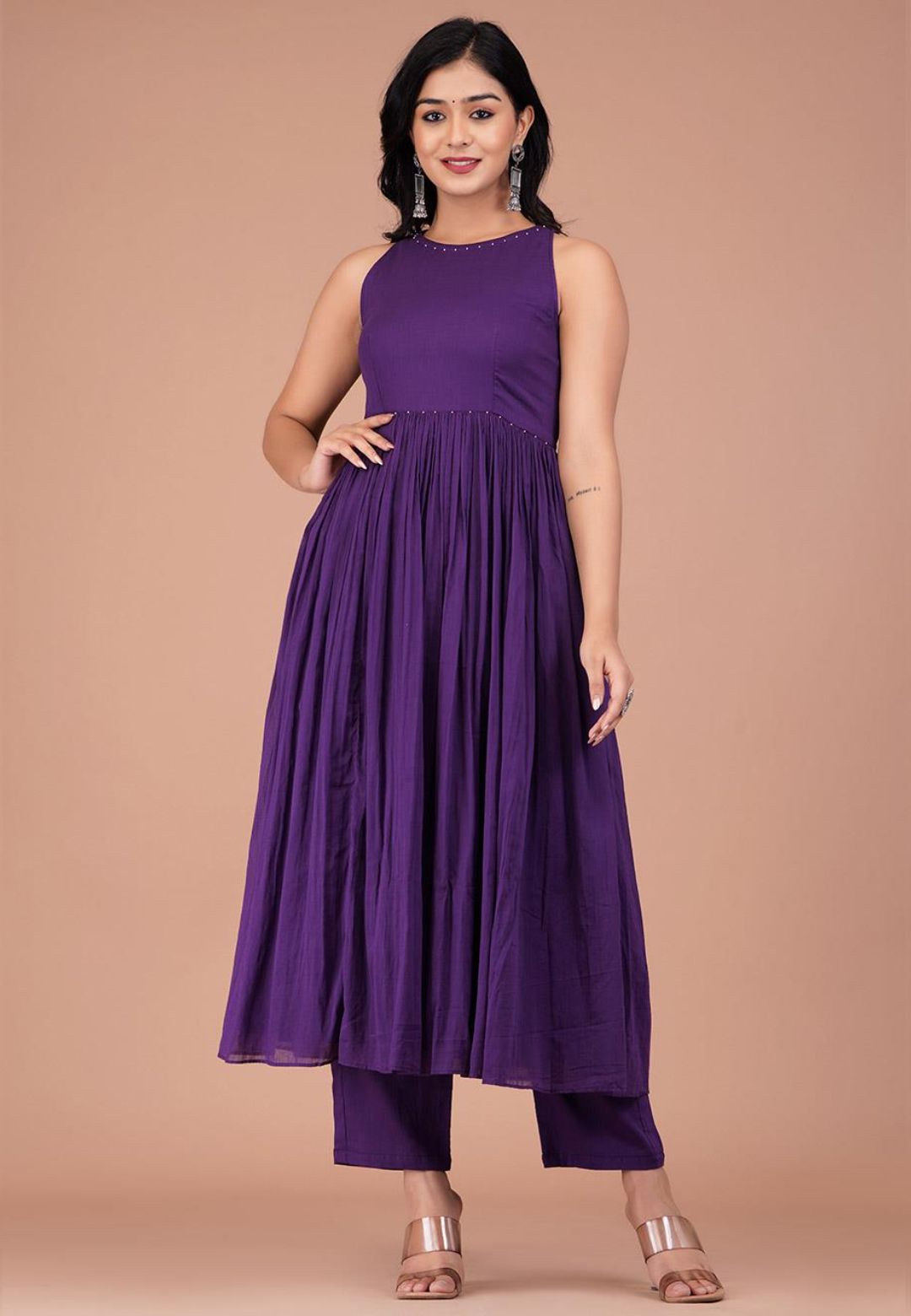 PURPLE HALTER NECK COTTON MUL SUIT SET