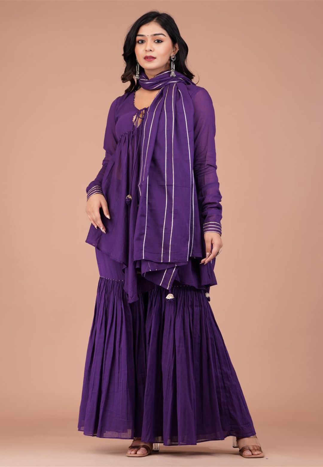 PURPLE COTTON MUL PEPLUM SHARARA SET