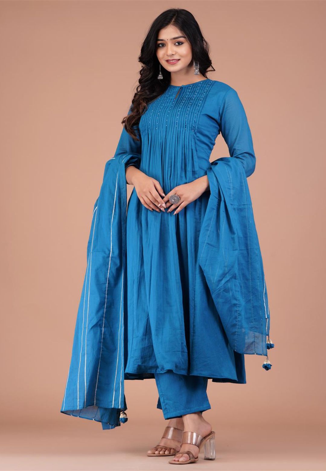 JADE TEAL PINTUCK ANARKALI SUIT SET
