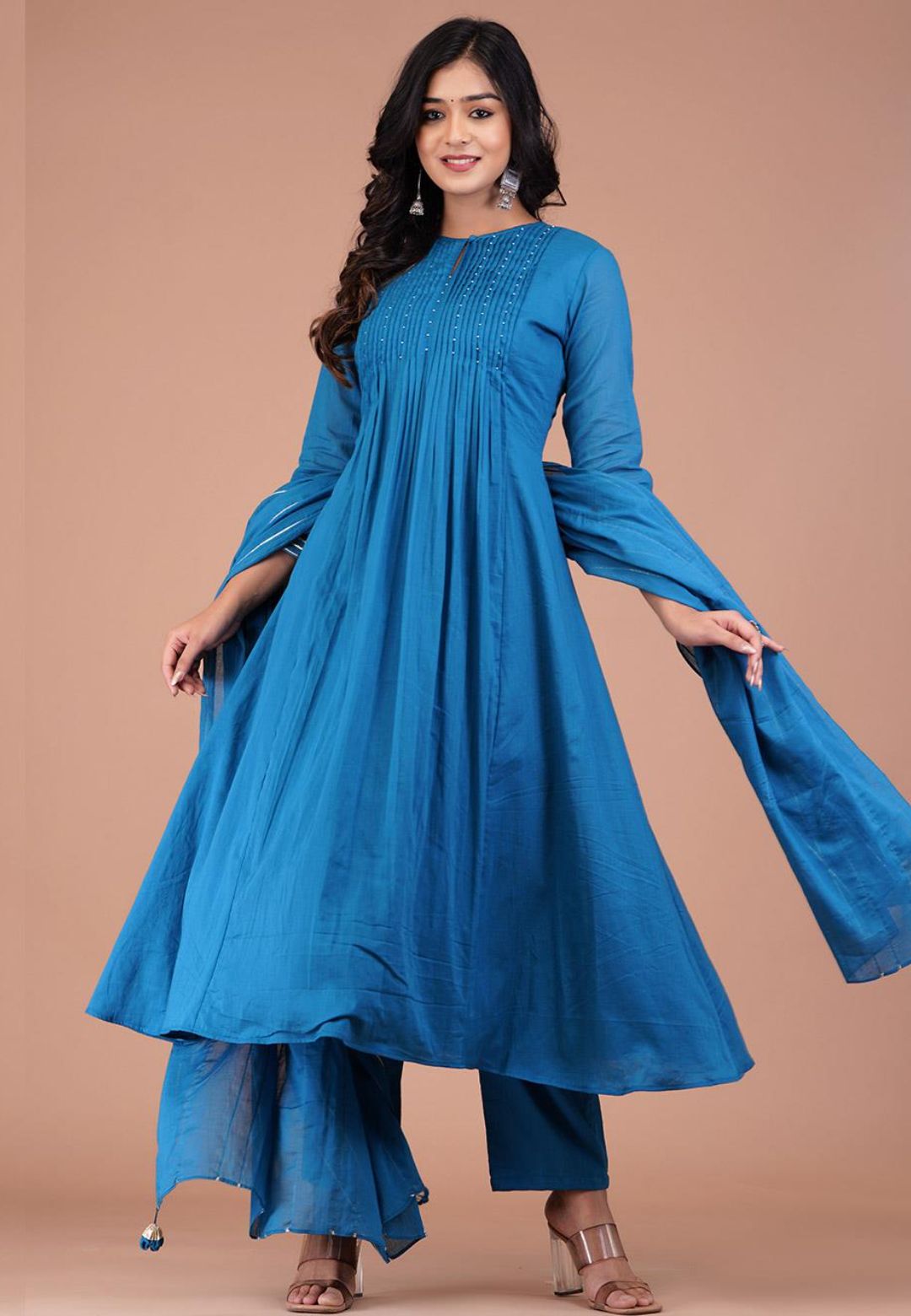JADE TEAL PINTUCK ANARKALI SUIT SET