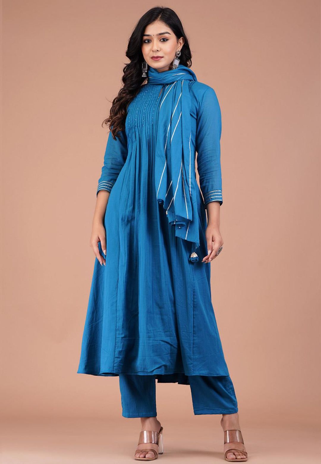 JADE TEAL PINTUCK ANARKALI SUIT SET