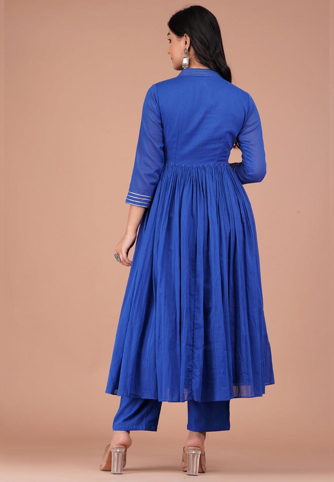BLUE V NECK COTTON MUL ANARKALI SUIT SET