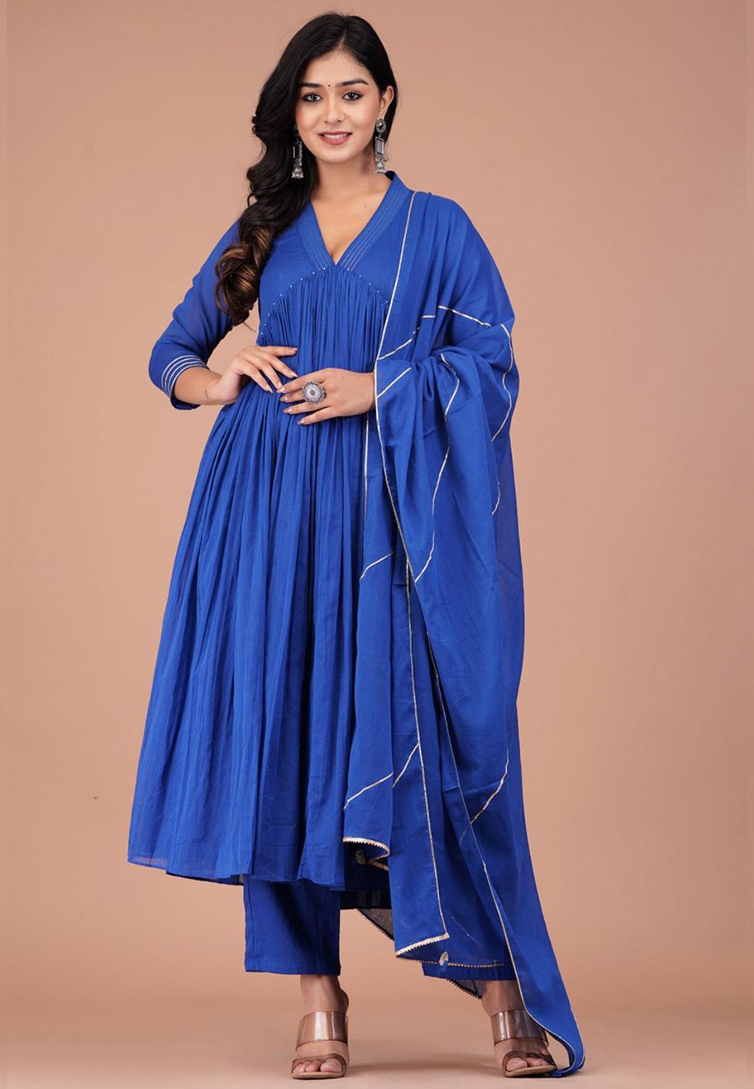 BLUE V NECK COTTON MUL ANARKALI SUIT SET