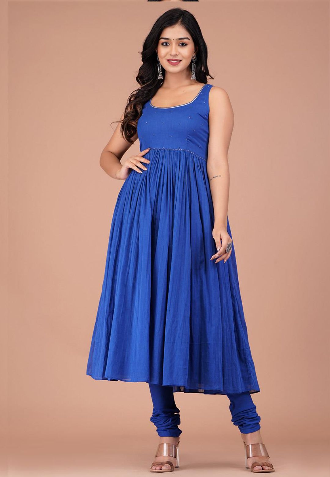 BLUE SLEEVELESS COTTON MUL ANARKALI SUIT SET