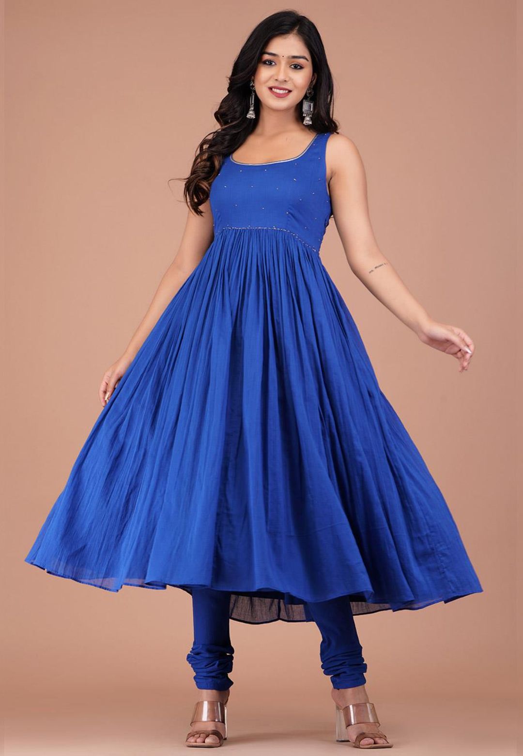 BLUE SLEEVELESS COTTON MUL ANARKALI SUIT SET