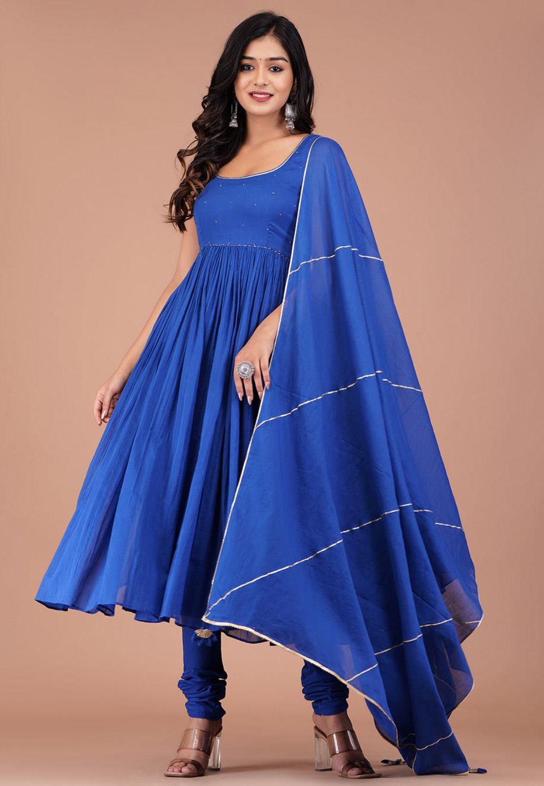 BLUE SLEEVELESS COTTON MUL ANARKALI SUIT SET