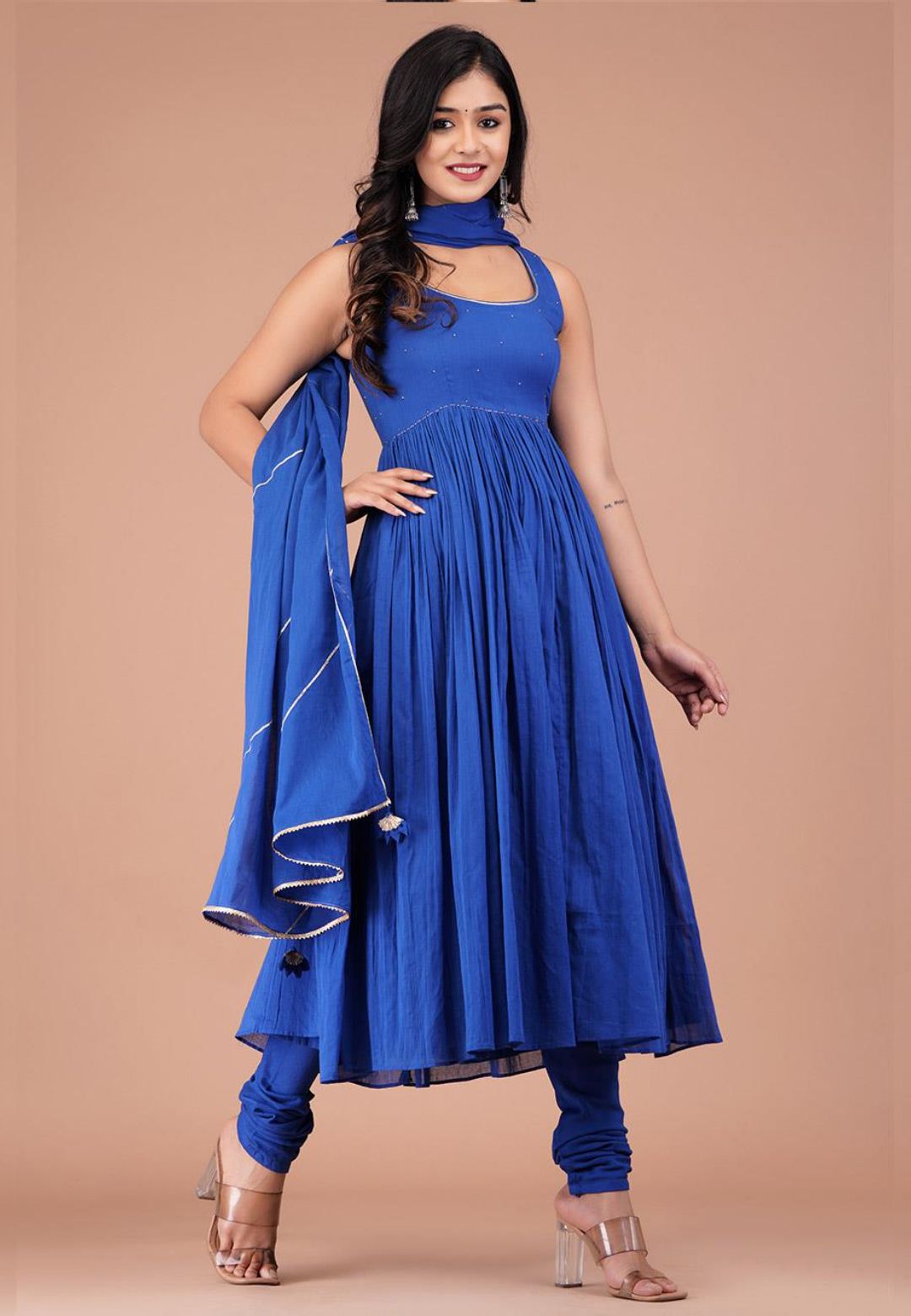 BLUE SLEEVELESS COTTON MUL ANARKALI SUIT SET