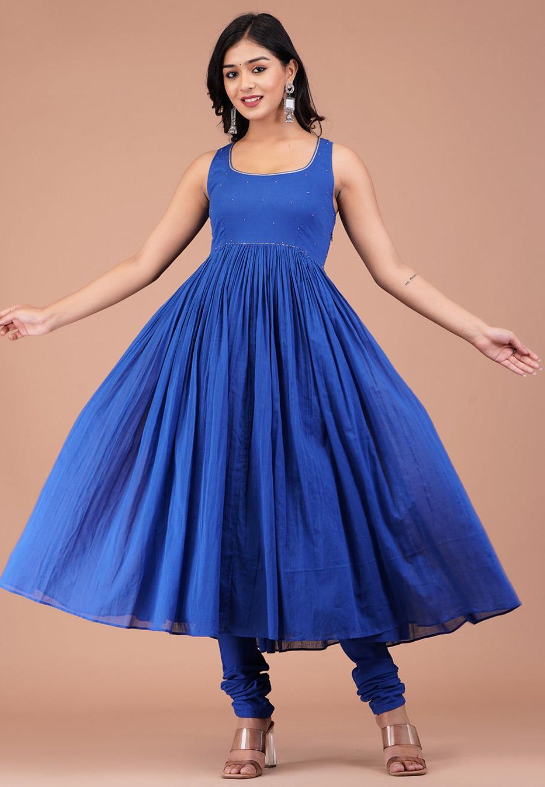 BLUE SLEEVELESS COTTON MUL ANARKALI SUIT SET