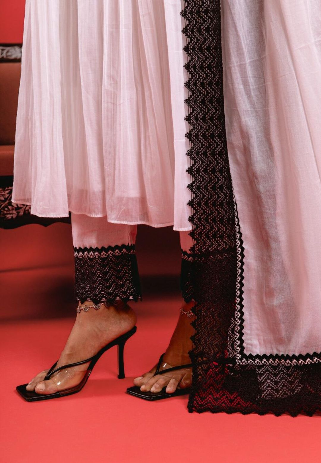 WHITE GATHERED LACE ANARKALI SUIT SET