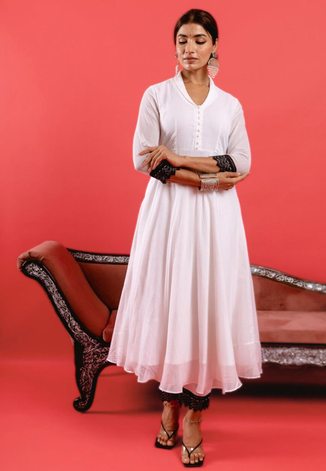WHITE LACE COTTON ANARKALI SUIT SET