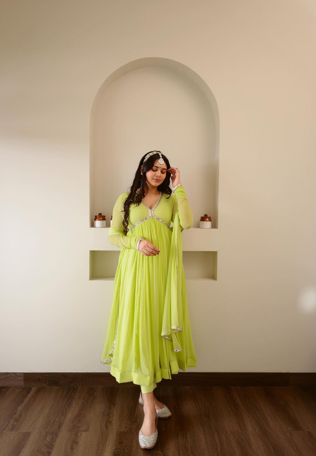 LIME GREEN CHIFFON ANARKALI SUIT SET