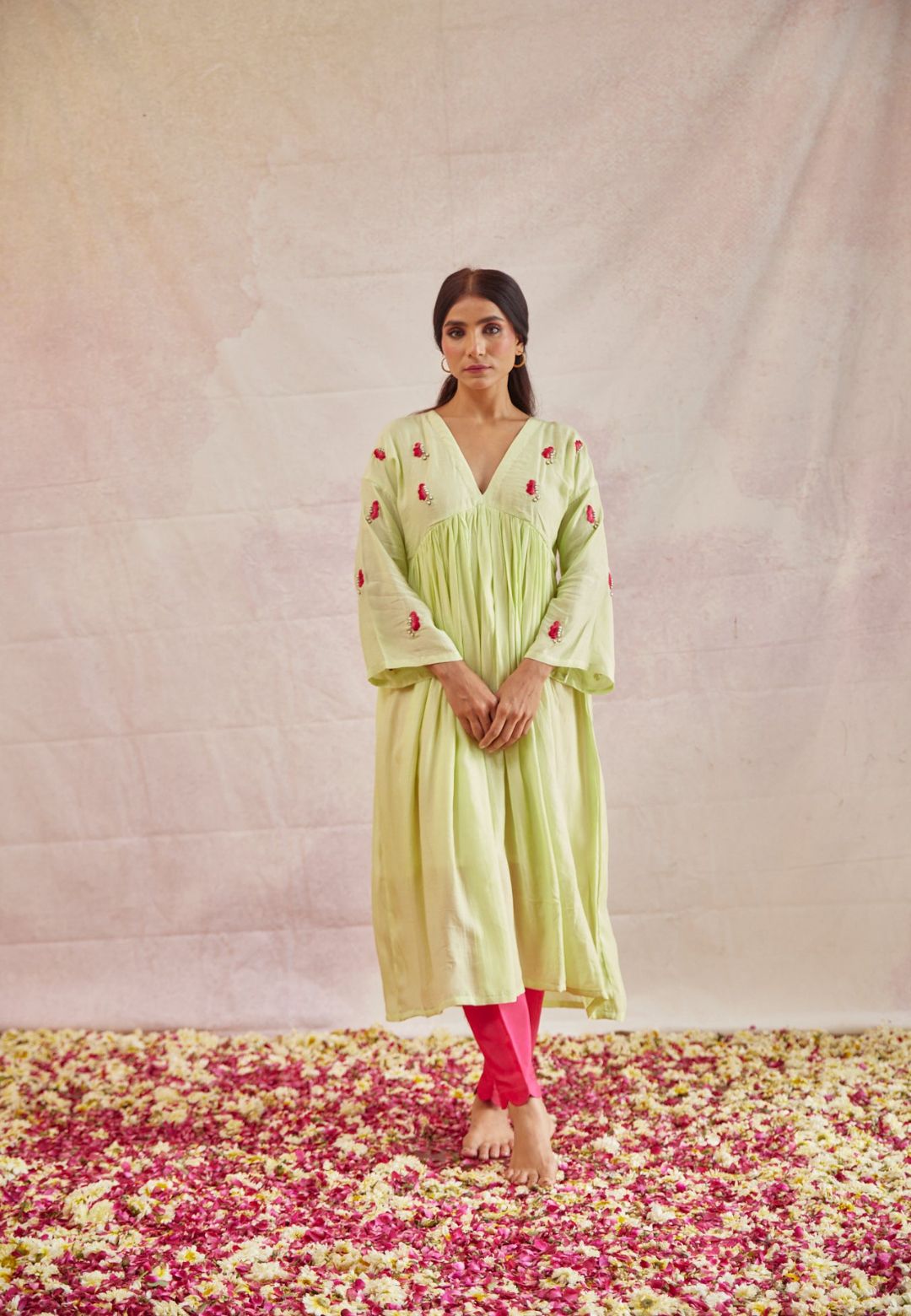 LIME TITLI COTTON SILK BUTTERFLY KURTA SET