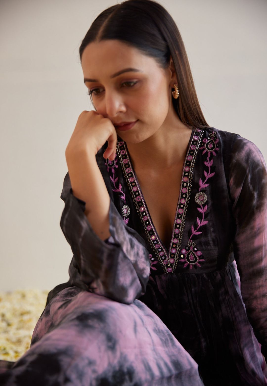 BLACK PINK ORGANZA SILK KURTA SET