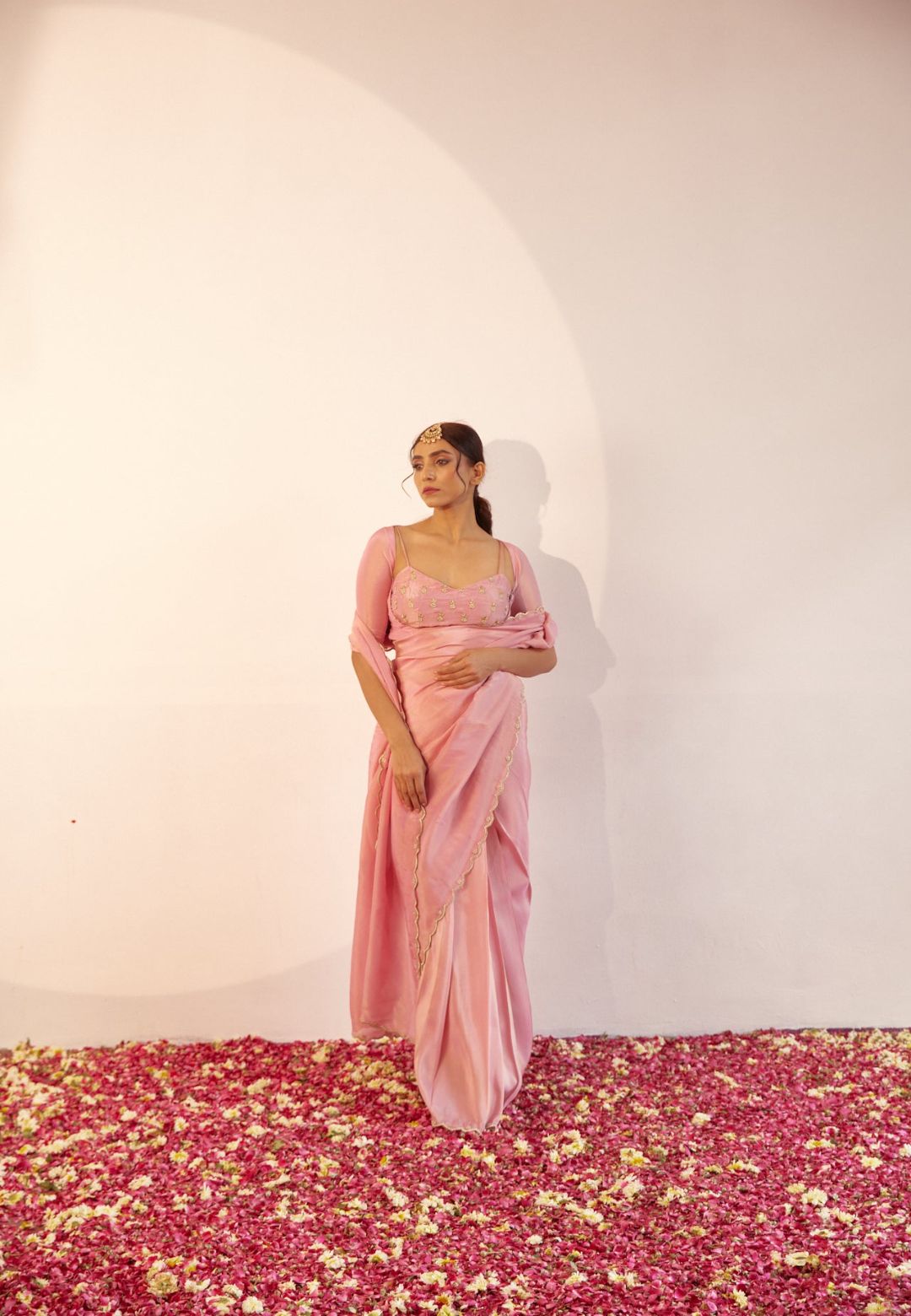 POWDER PINK TISSUE SILK SAREE SET