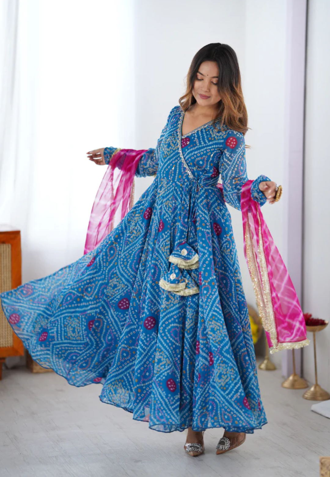 BLUE APSARA BANDHEJ CHIFFON SUIT SET