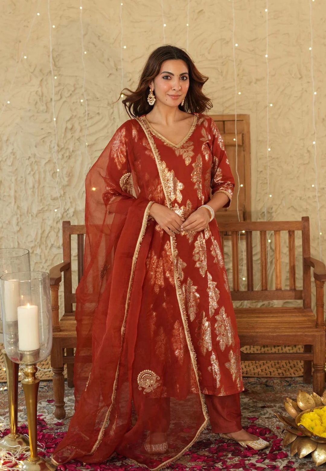 RUST ORANGE DIYA JACQUARD SUIT SET