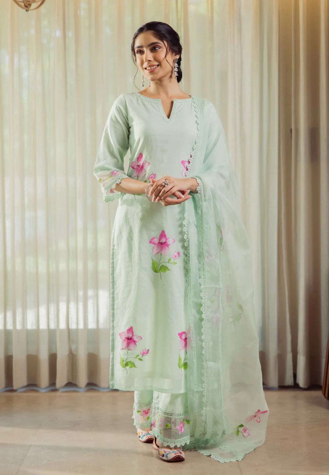 MINT GREEN MIRAGE HANDPAINTED CHANDERI SUIT SET