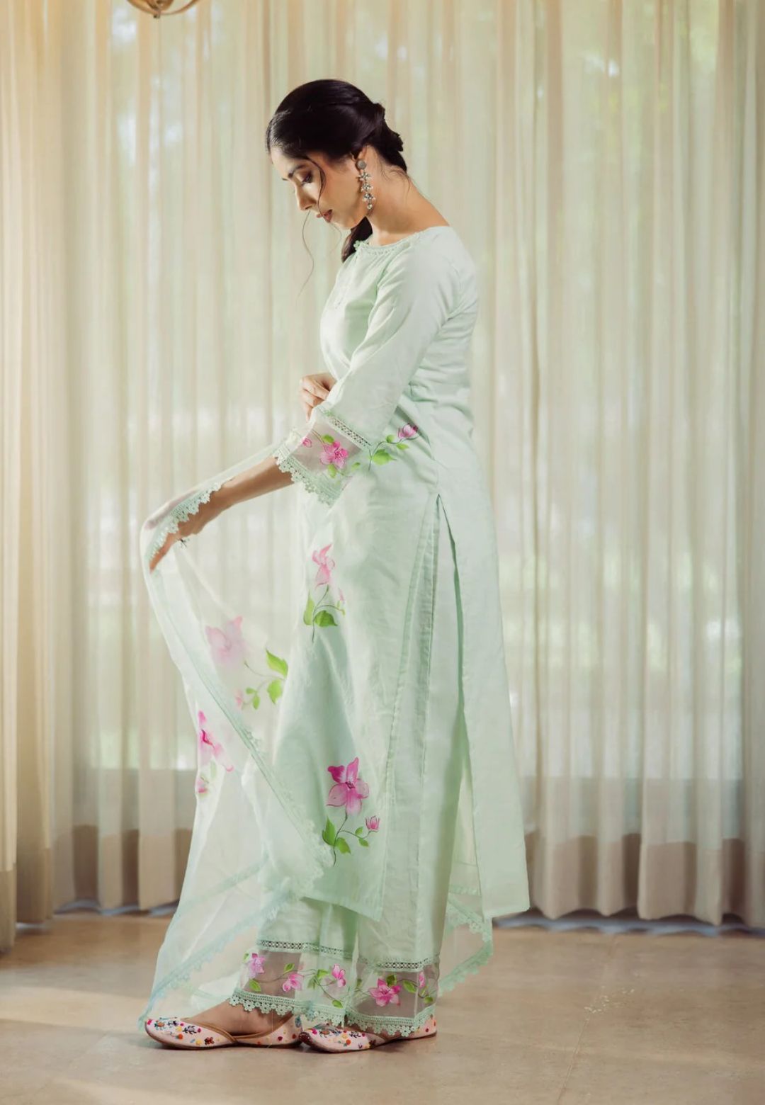 MINT GREEN MIRAGE HANDPAINTED CHANDERI SUIT SET