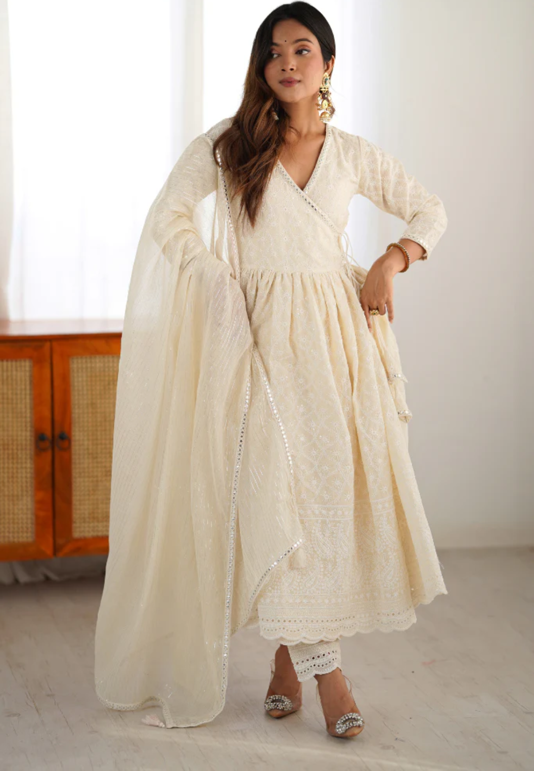 PEARL WHITE MOHINI COTTON ANARKALI SUIT SET
