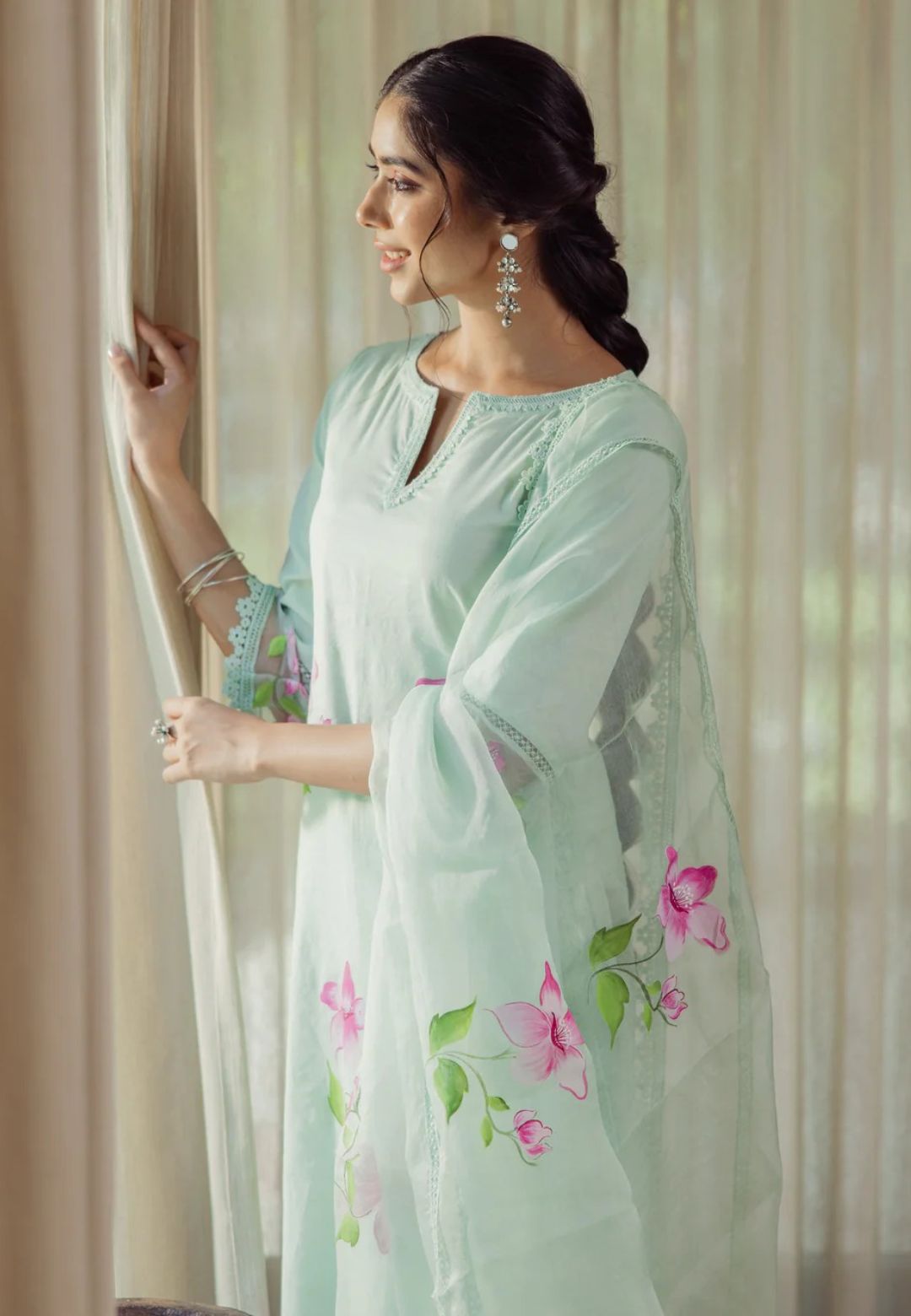 MINT GREEN MIRAGE HANDPAINTED CHANDERI SUIT SET