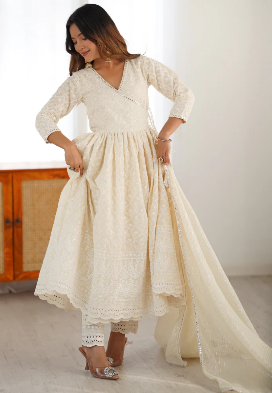 PEARL WHITE MOHINI COTTON ANARKALI SUIT SET