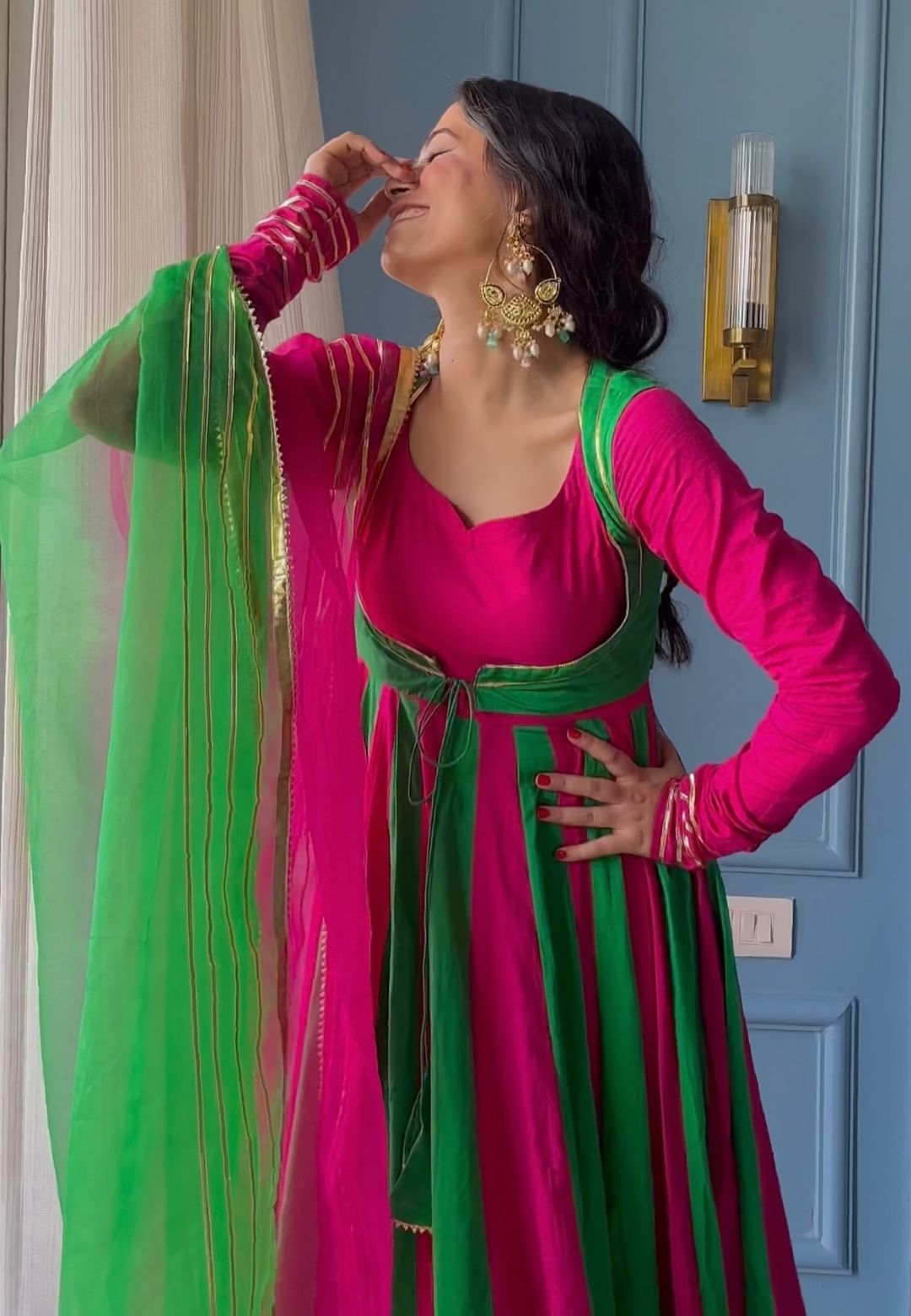 PEACOCK GREEN COTTON MALMAL ANARKALI SUIT SET
