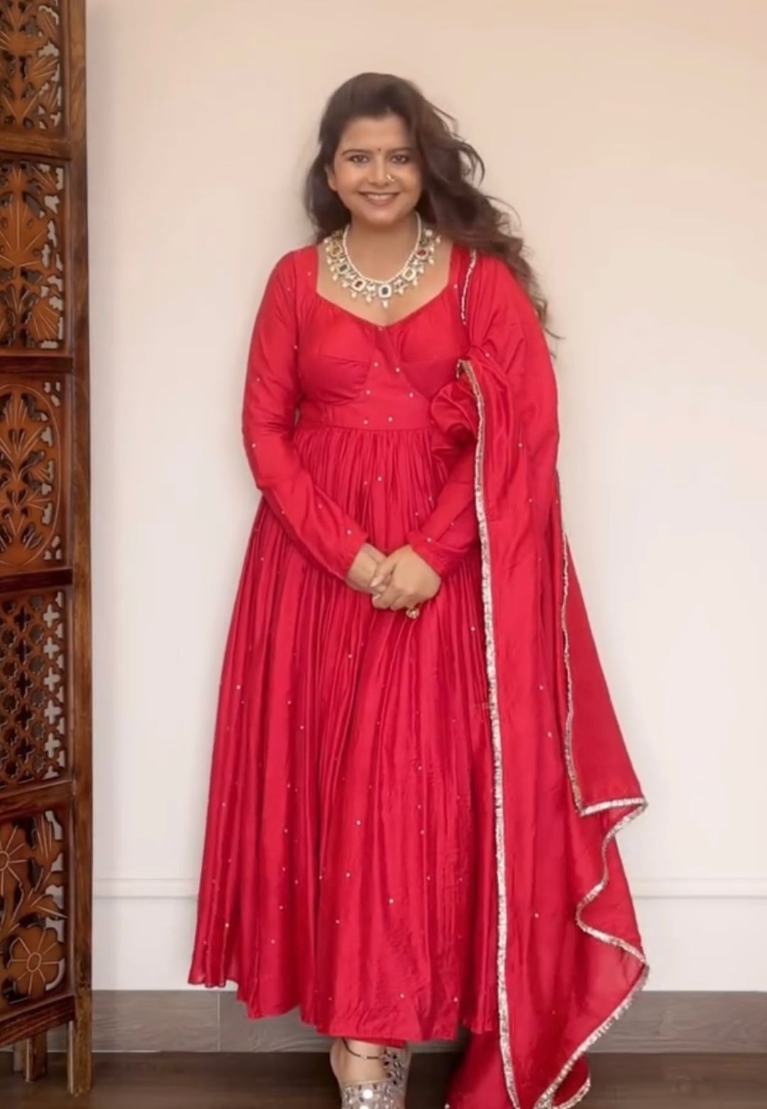 RED CHANDERI ANARKALI SUIT SET