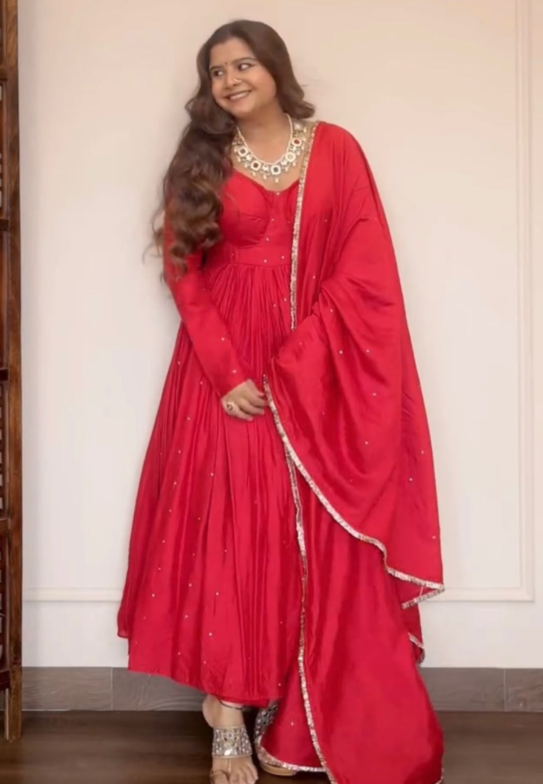 RED CHANDERI ANARKALI SUIT SET