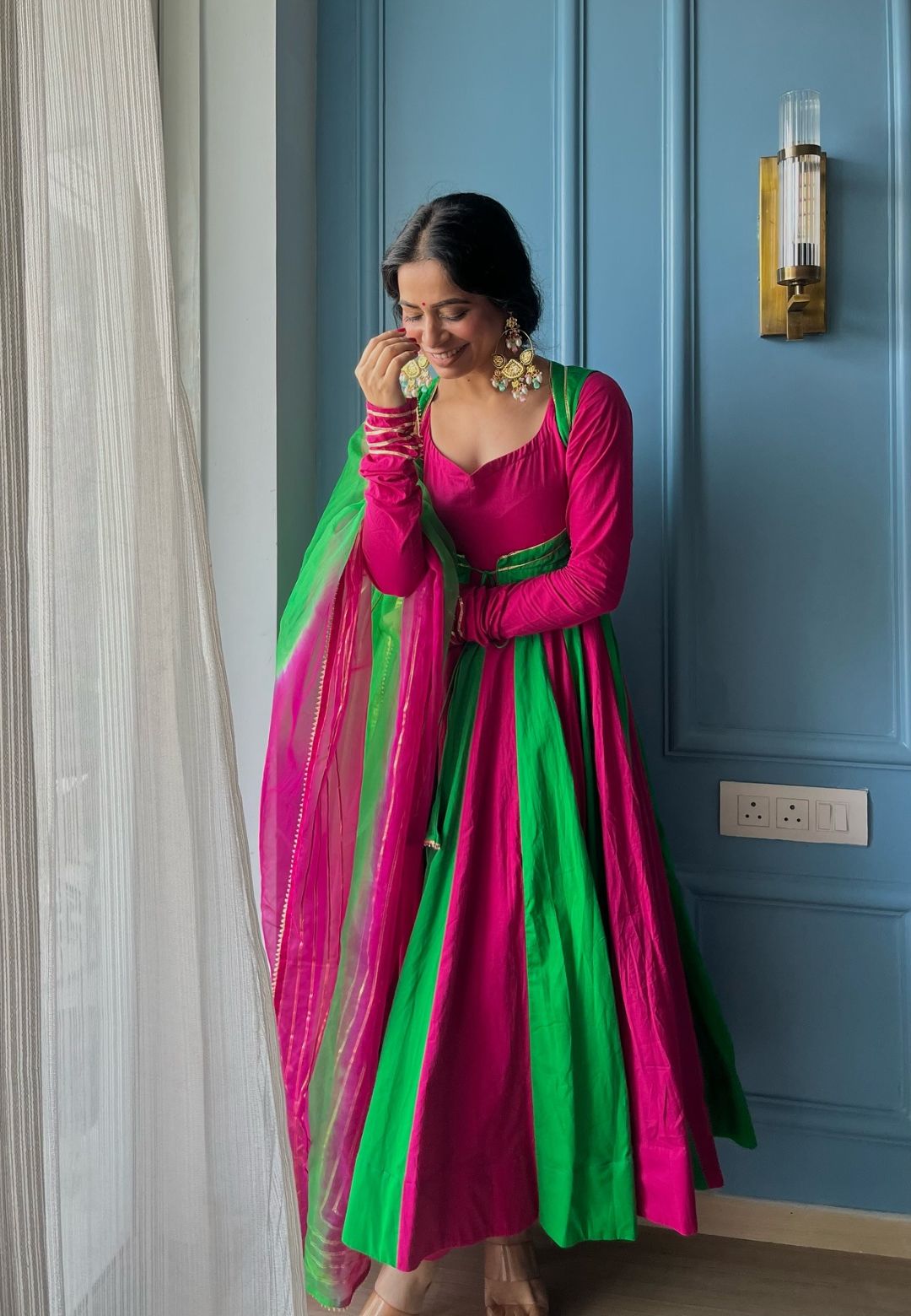 PEACOCK GREEN COTTON MALMAL ANARKALI SUIT SET