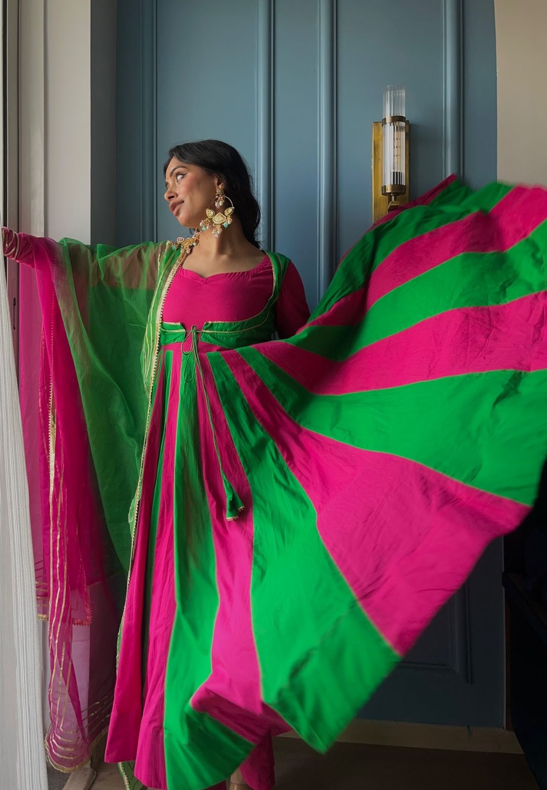 PEACOCK GREEN COTTON MALMAL ANARKALI SUIT SET