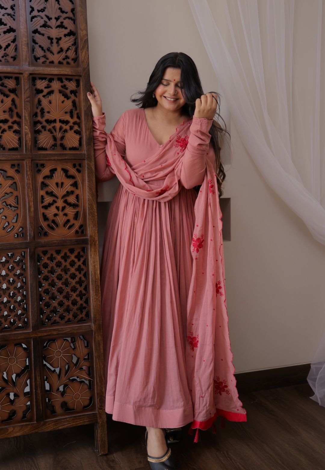 PINK COTTON MALMAL ANARKALI SUIT SET
