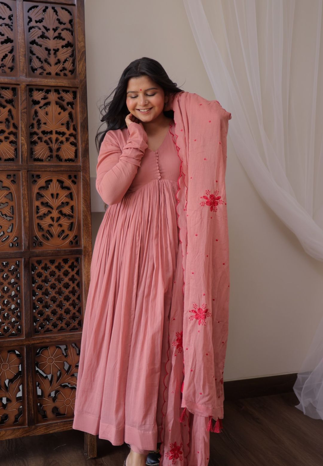 PINK COTTON MALMAL ANARKALI SUIT SET