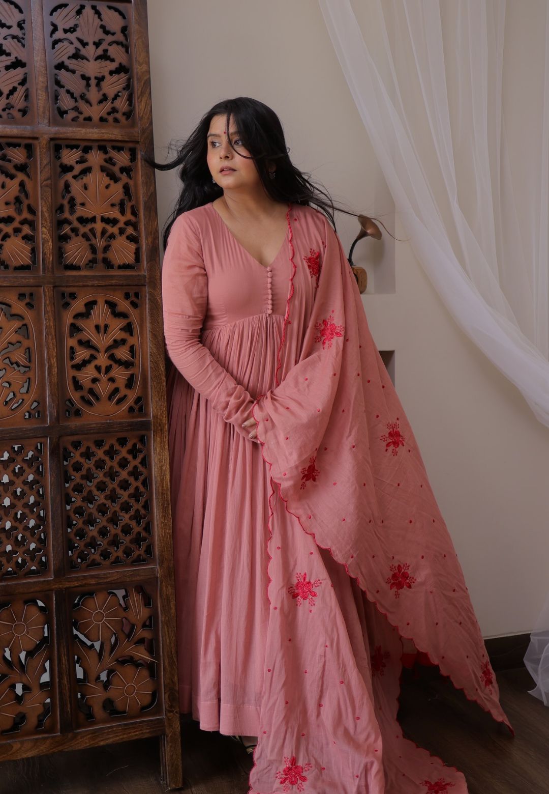 PINK COTTON MALMAL ANARKALI SUIT SET