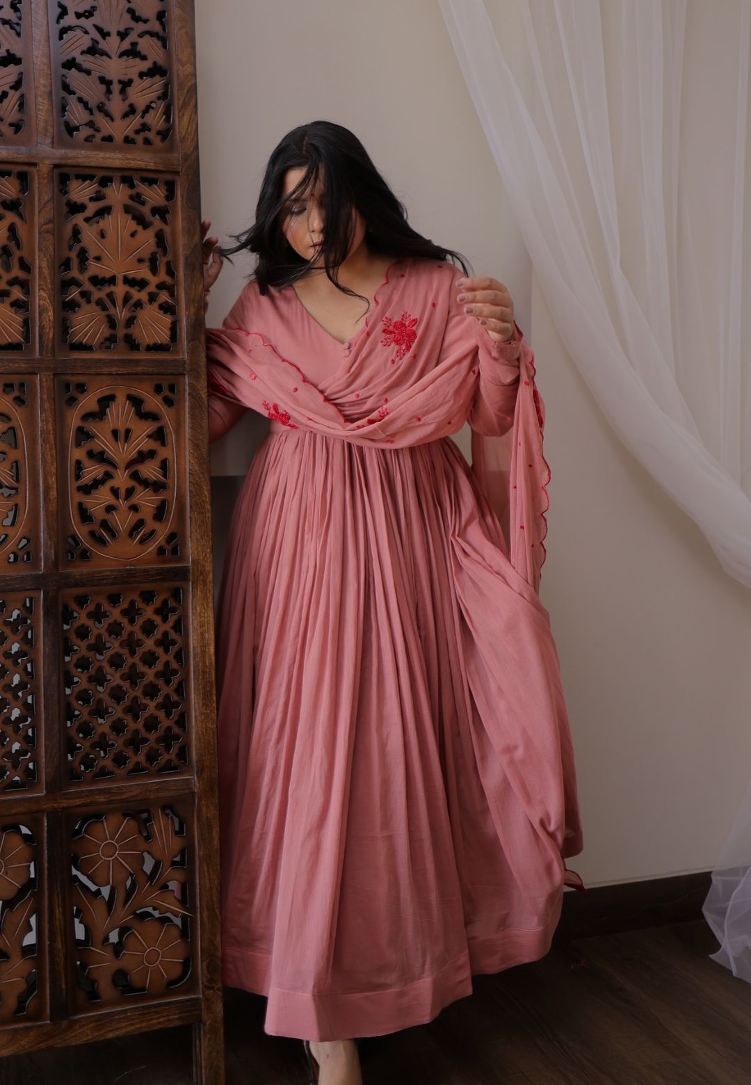 PINK COTTON MALMAL ANARKALI SUIT SET
