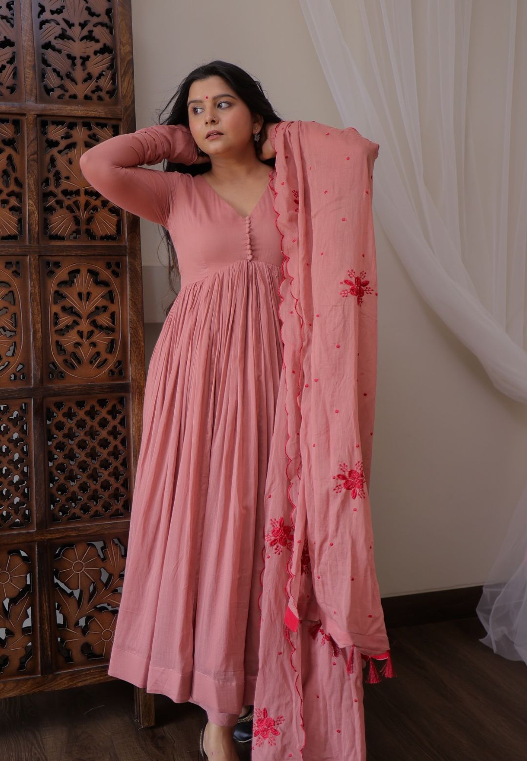 PINK COTTON MALMAL ANARKALI SUIT SET