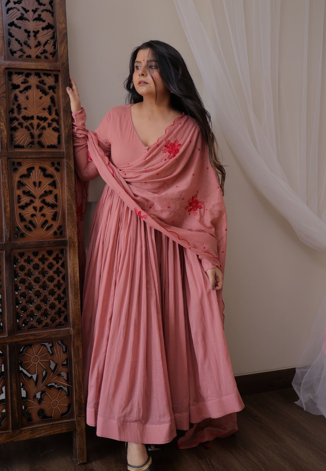 PINK COTTON MALMAL ANARKALI SUIT SET