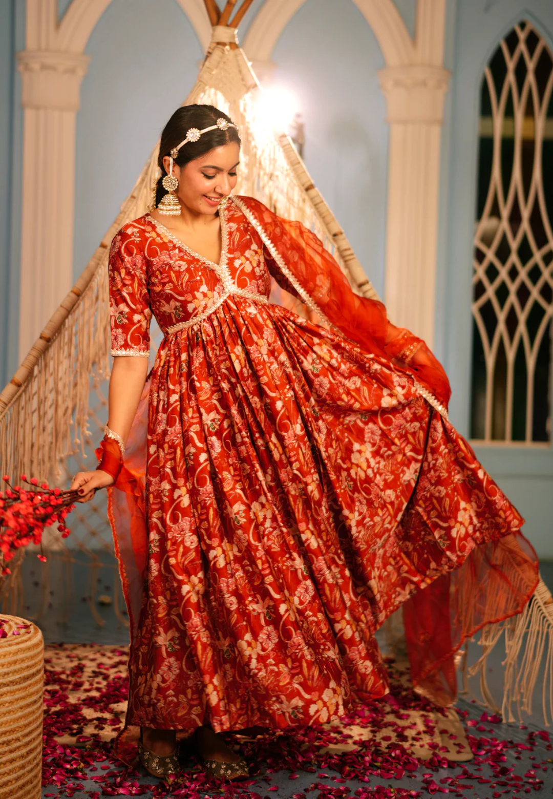 DEEP ORANGE AANCHAL CHANDERI SUIT SET