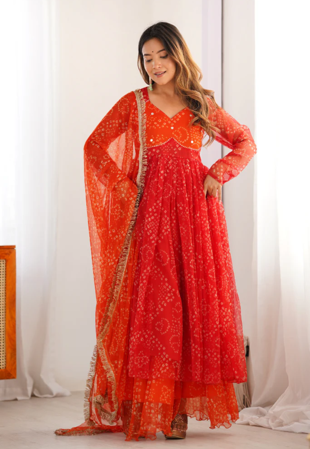 ORANGE SAFFRON BANDHEJ CHIFFON SUIT SET