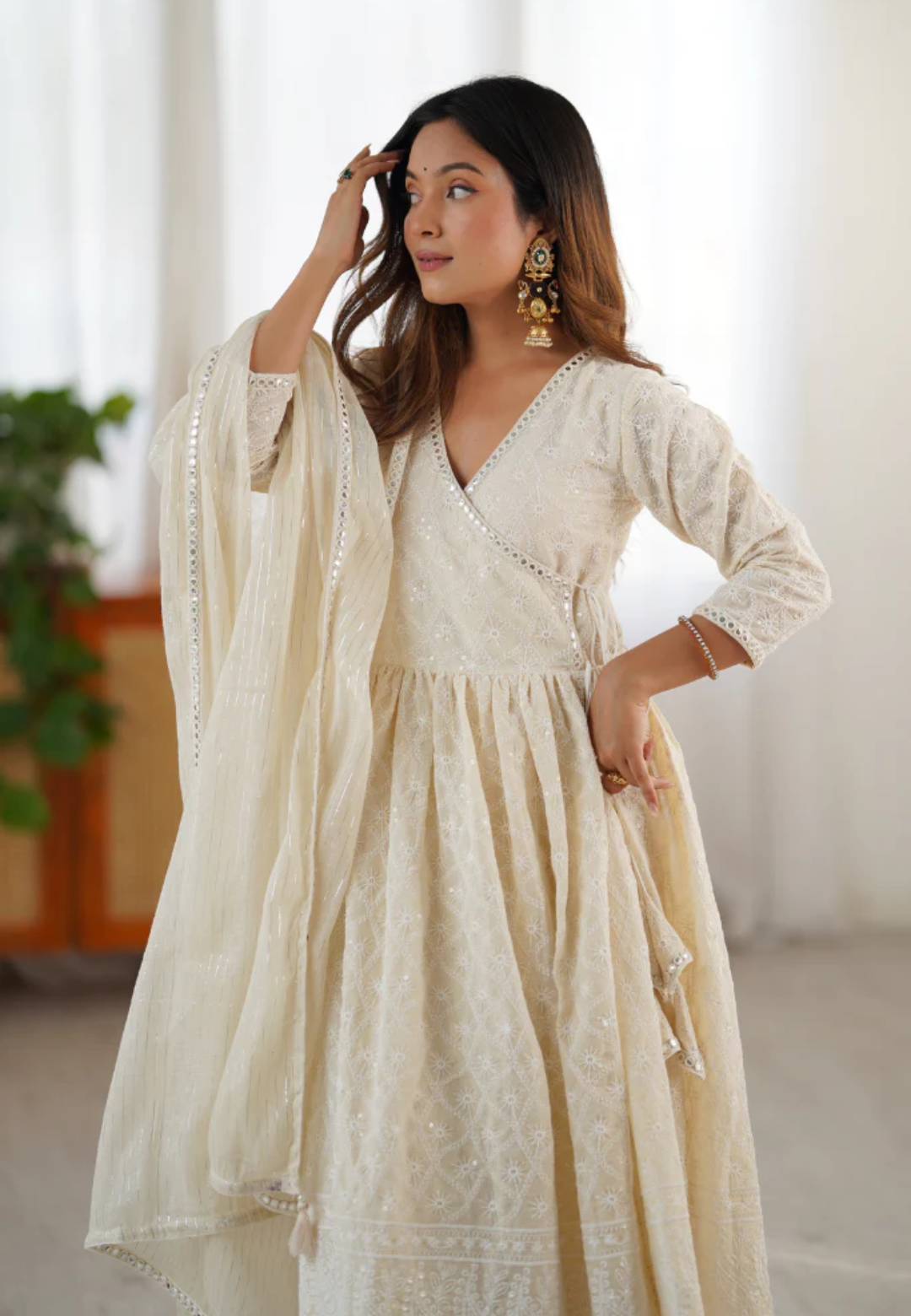 PEARL WHITE MOHINI COTTON ANARKALI SUIT SET