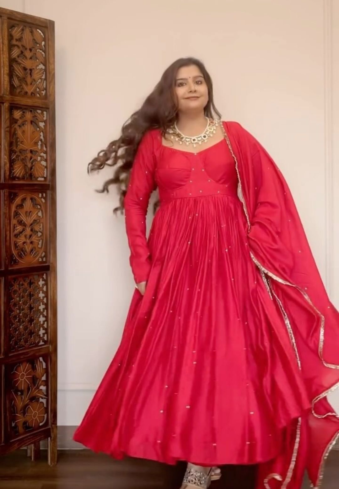 RED CHANDERI ANARKALI SUIT SET