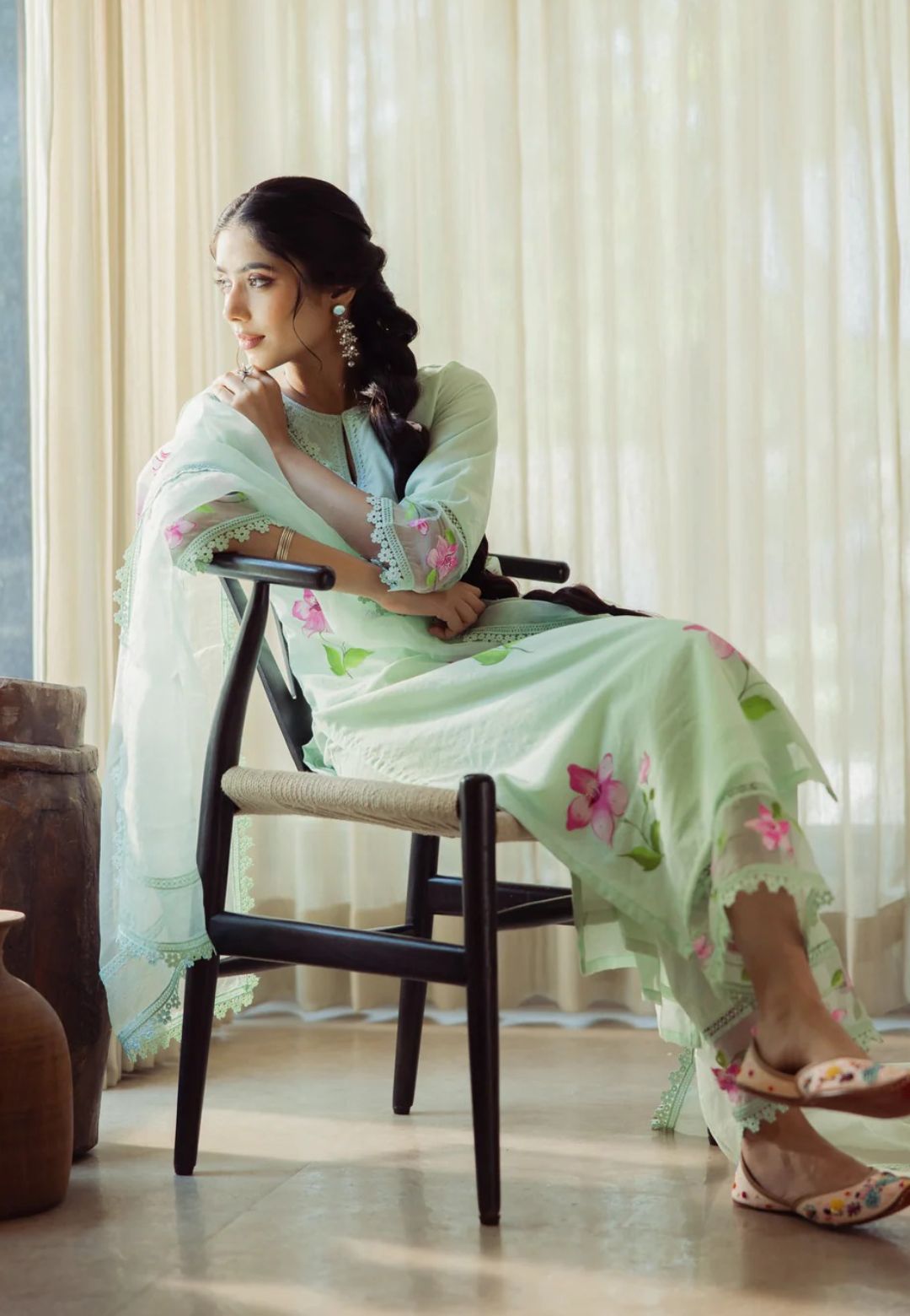 MINT GREEN MIRAGE HANDPAINTED CHANDERI SUIT SET