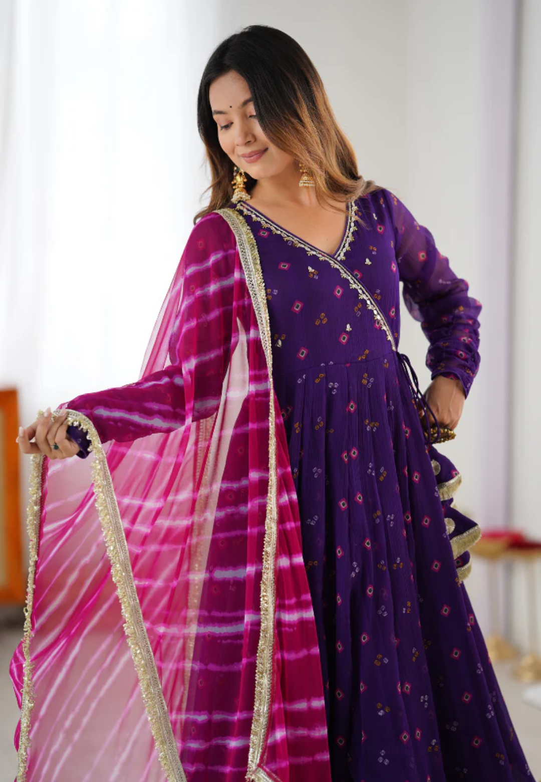 PUPRLE LAVANYA BANDHEJ CHIFFON SUIT SET