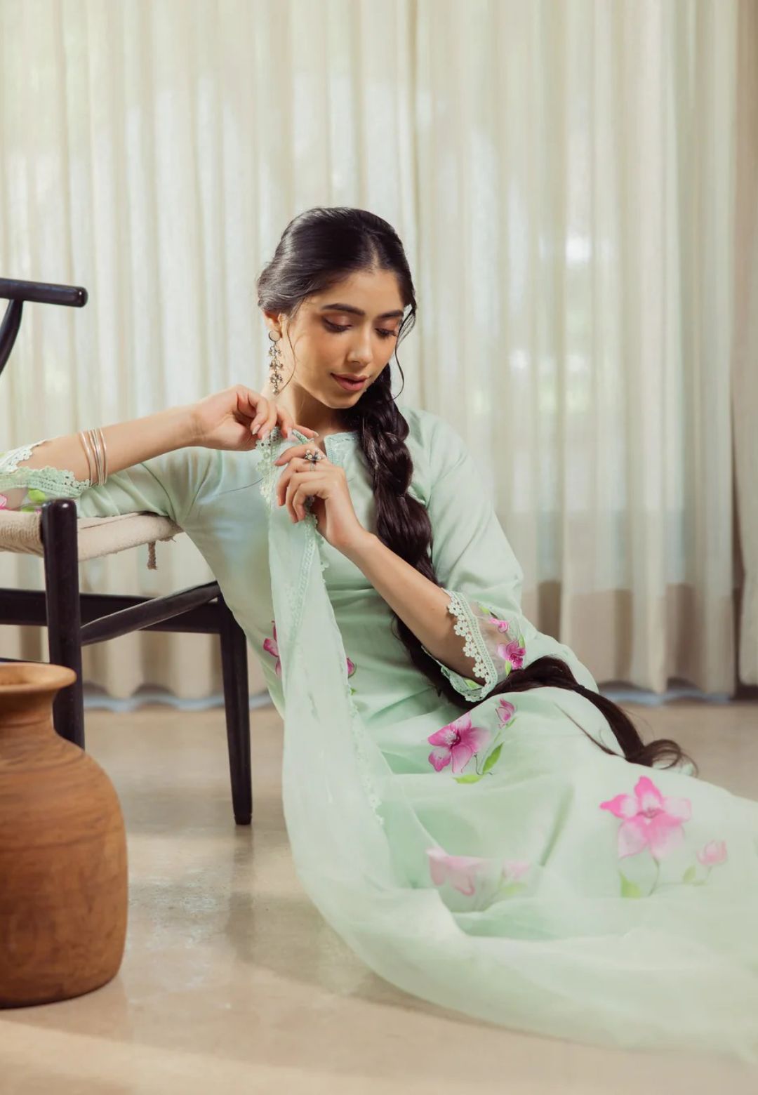 MINT GREEN MIRAGE HANDPAINTED CHANDERI SUIT SET