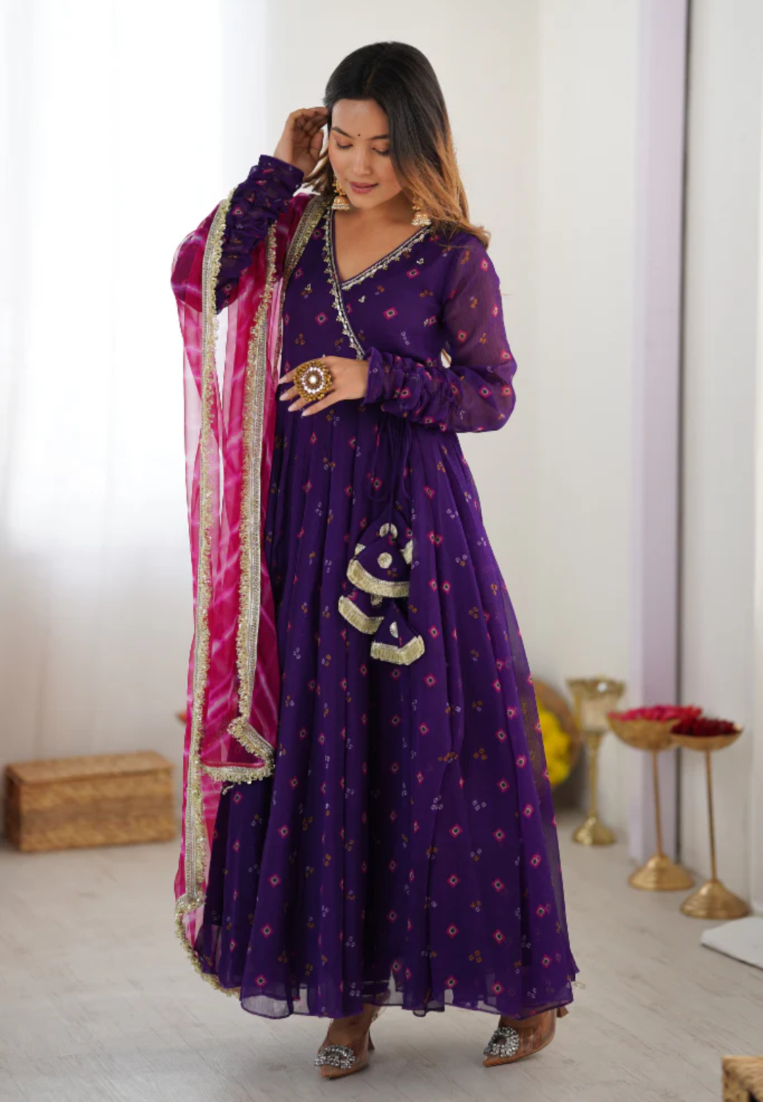 PUPRLE LAVANYA BANDHEJ CHIFFON SUIT SET