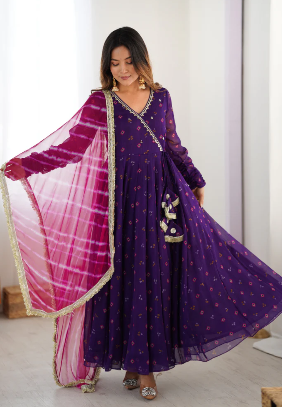 PUPRLE LAVANYA BANDHEJ CHIFFON SUIT SET
