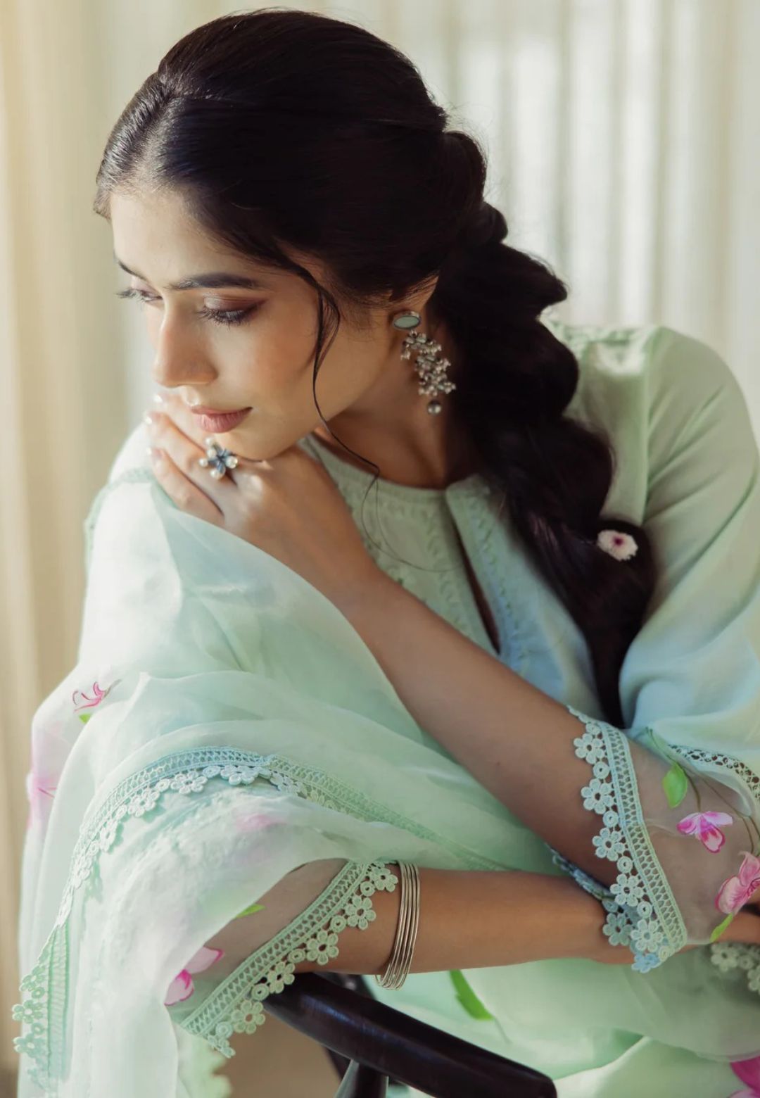 MINT GREEN MIRAGE HANDPAINTED CHANDERI SUIT SET
