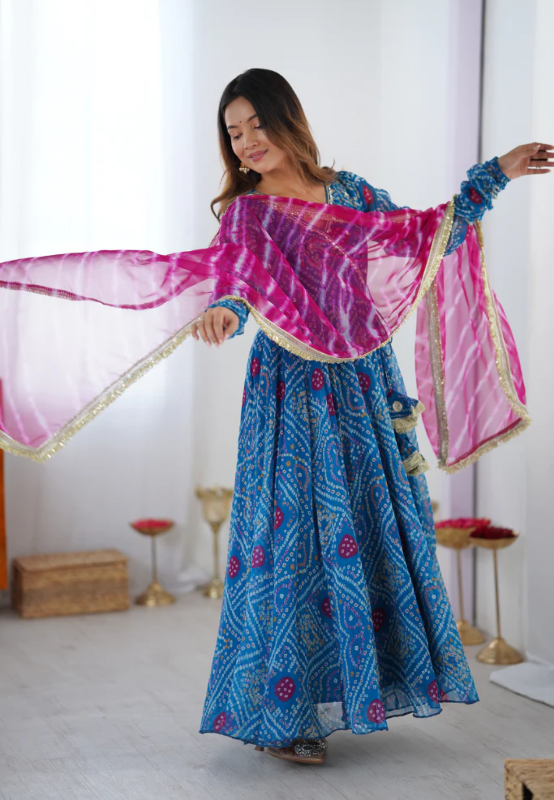 BLUE APSARA BANDHEJ CHIFFON SUIT SET
