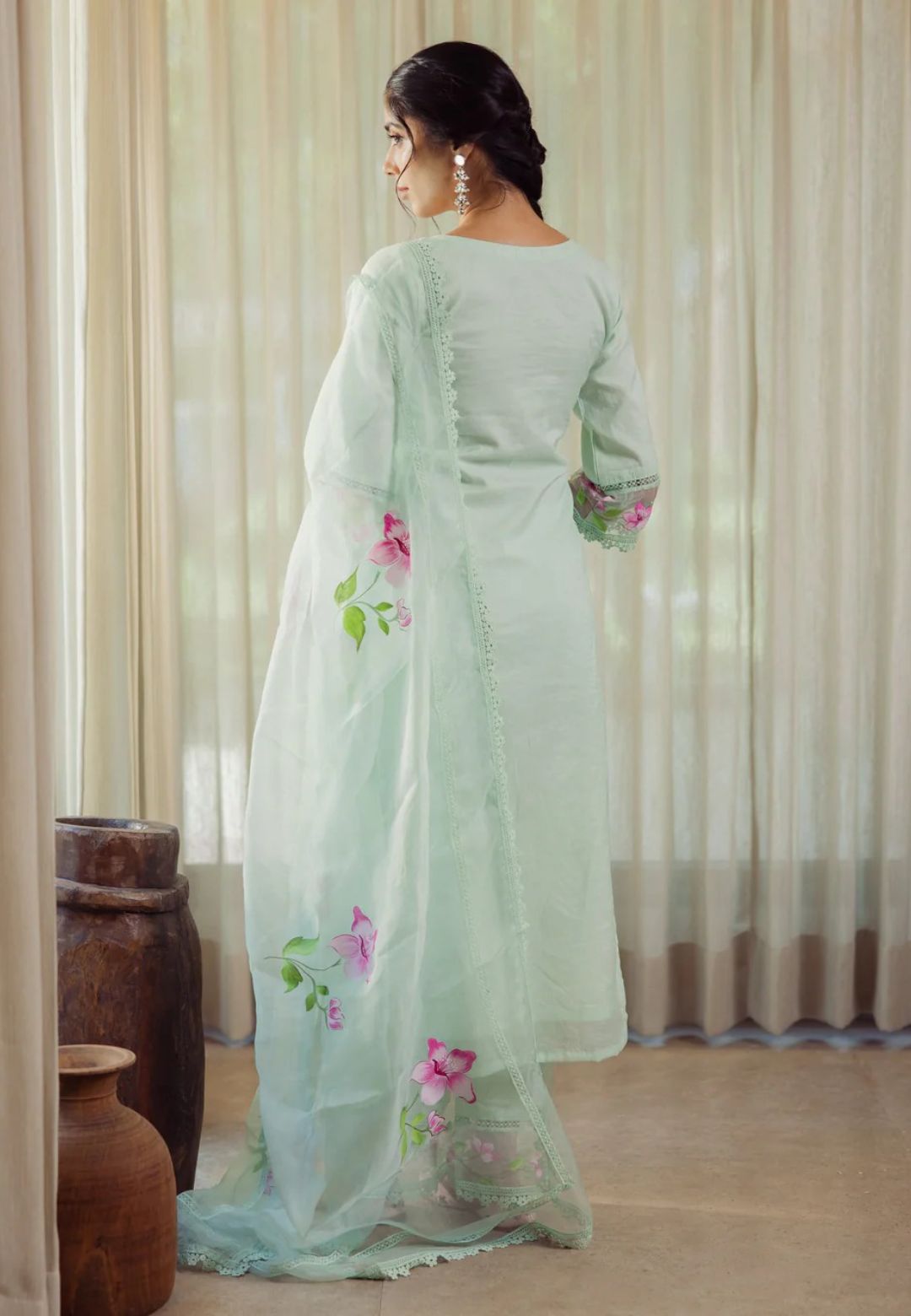 MINT GREEN MIRAGE HANDPAINTED CHANDERI SUIT SET