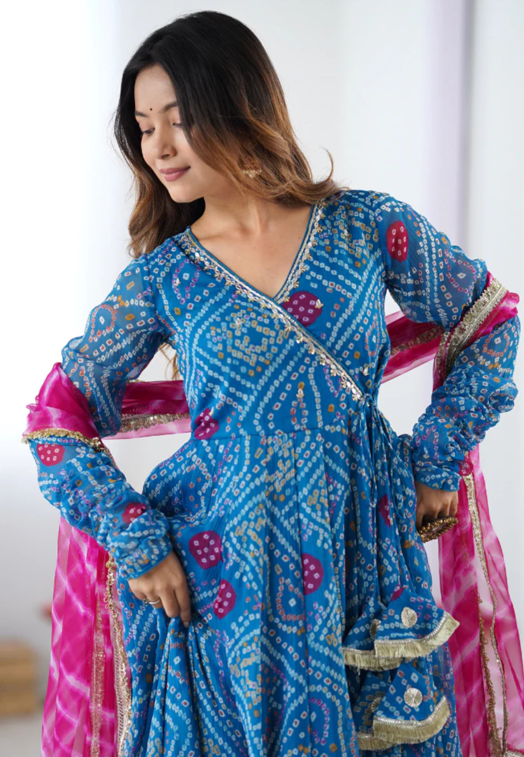 BLUE APSARA BANDHEJ CHIFFON SUIT SET